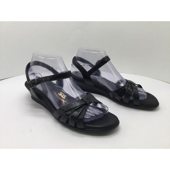 SAS Strippy Black Leather Quarter Strap Wedge Sandal Womens 6N - Picture 5 of 10